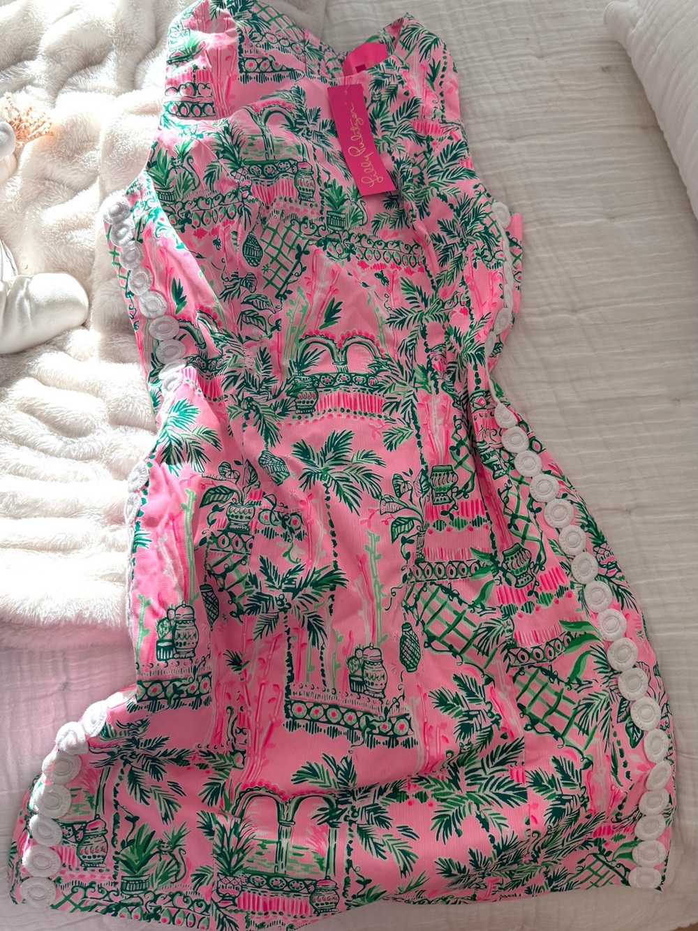 Lilly Pulitzer Pink Dress with Green Tropical Print and White Lace Trim